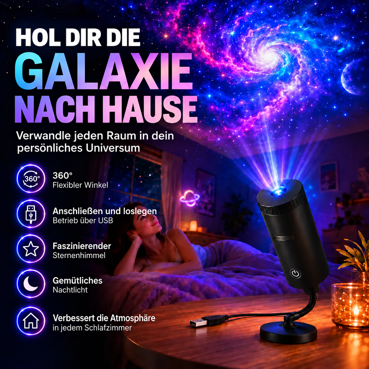 Projektion einer Galaxie in einem Schlafzimmer