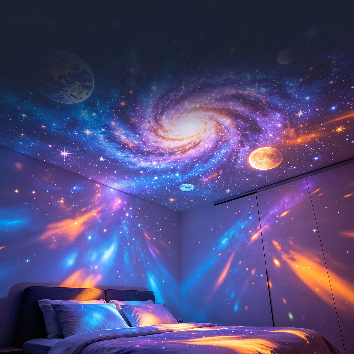 Bunte Galaxien und Planeten an der Decke eines Schlafzimmers