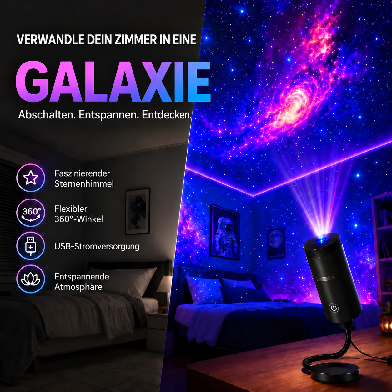 StarScape-Projektor, der ein Schlafzimmer mit Galaxien erfüllt