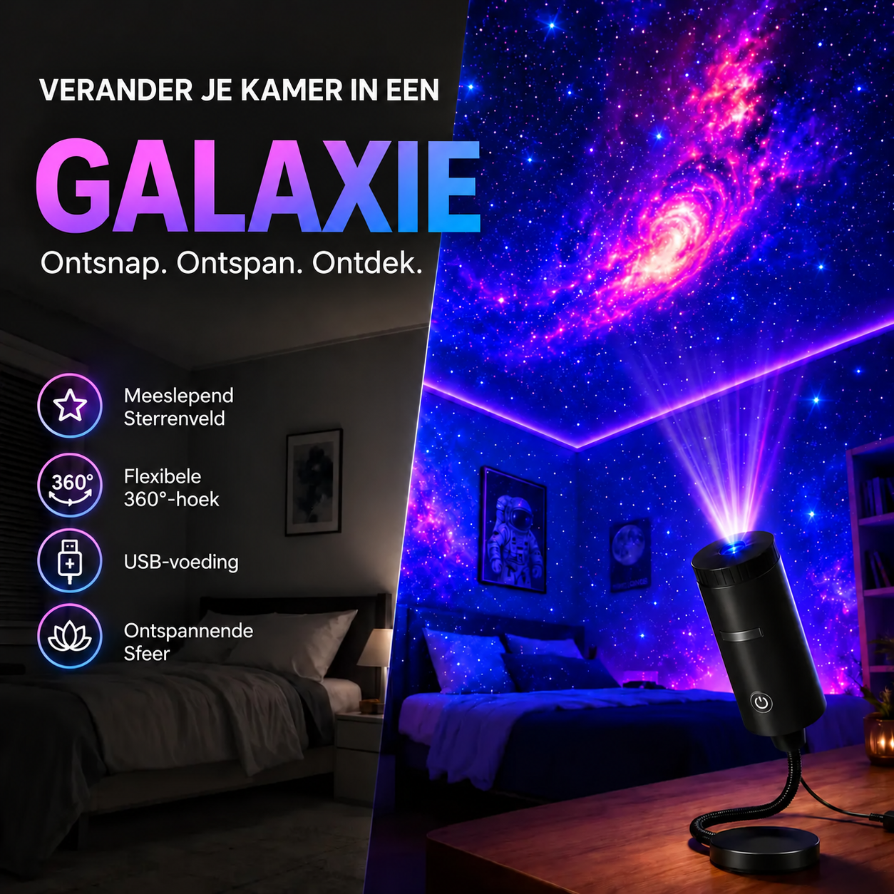 StarScape-projector die een slaapkamer vult met sterrenstelsels